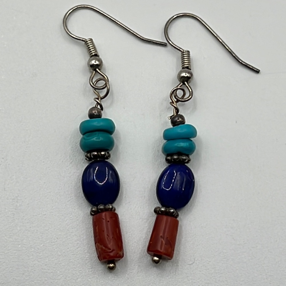 ARTISAN TURQUOISE, LAPIS, CORAL, AND STERLING SILVER EARRINGS